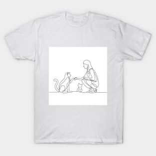 One Line Cat Kitten and Girl T-Shirt